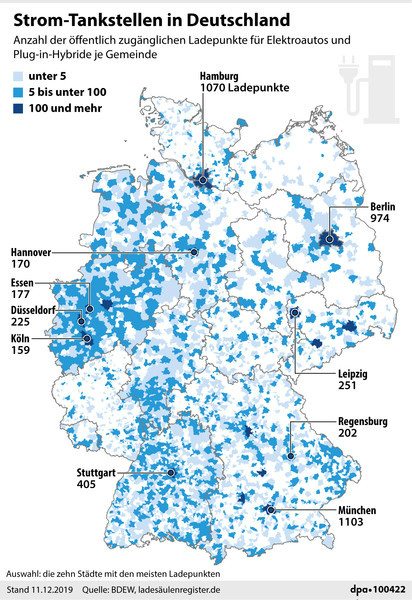 This map shows the number of e-charging stations per community in Germany. Big cities are clearly in the lead. This map shows the number of e-charging stations per community in Germany. Big cities are clearly in the lead.